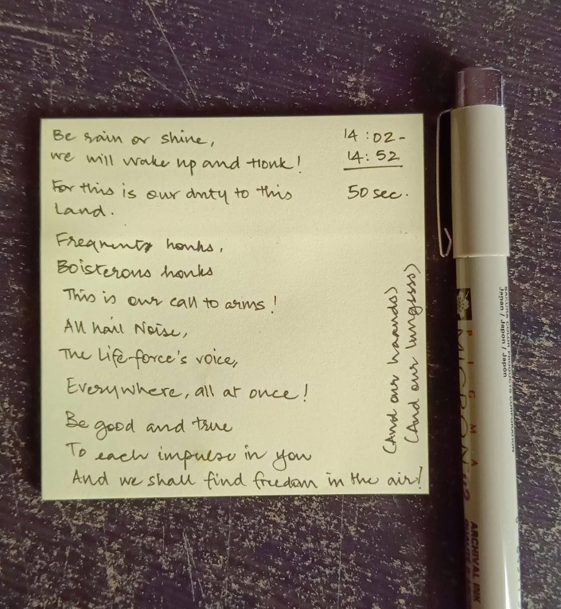 Production Notebook: Handwritten National Honk Anthem Lyrics & Timing Note